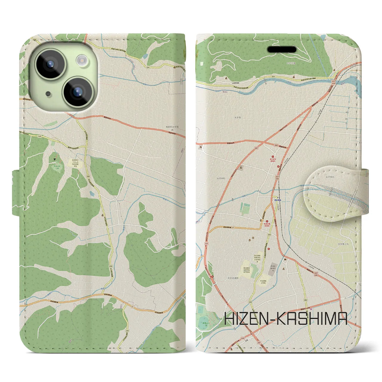 【肥前鹿島】地図柄iPhoneケース（手帳両面タイプ・ナチュラル）iPhone 15 用