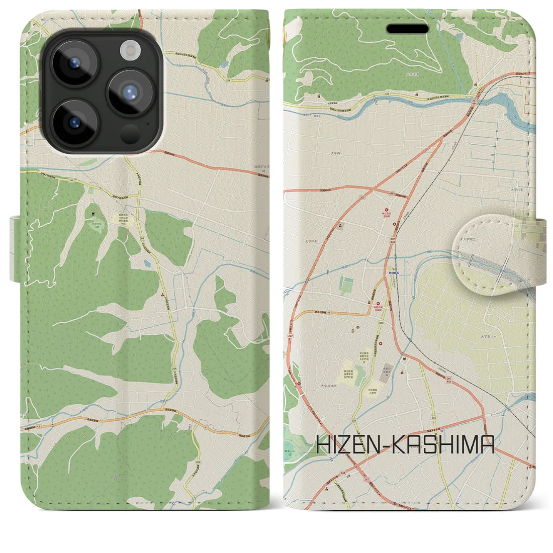【肥前鹿島】地図柄iPhoneケース（手帳両面タイプ・ナチュラル）iPhone 15 Pro Max 用
