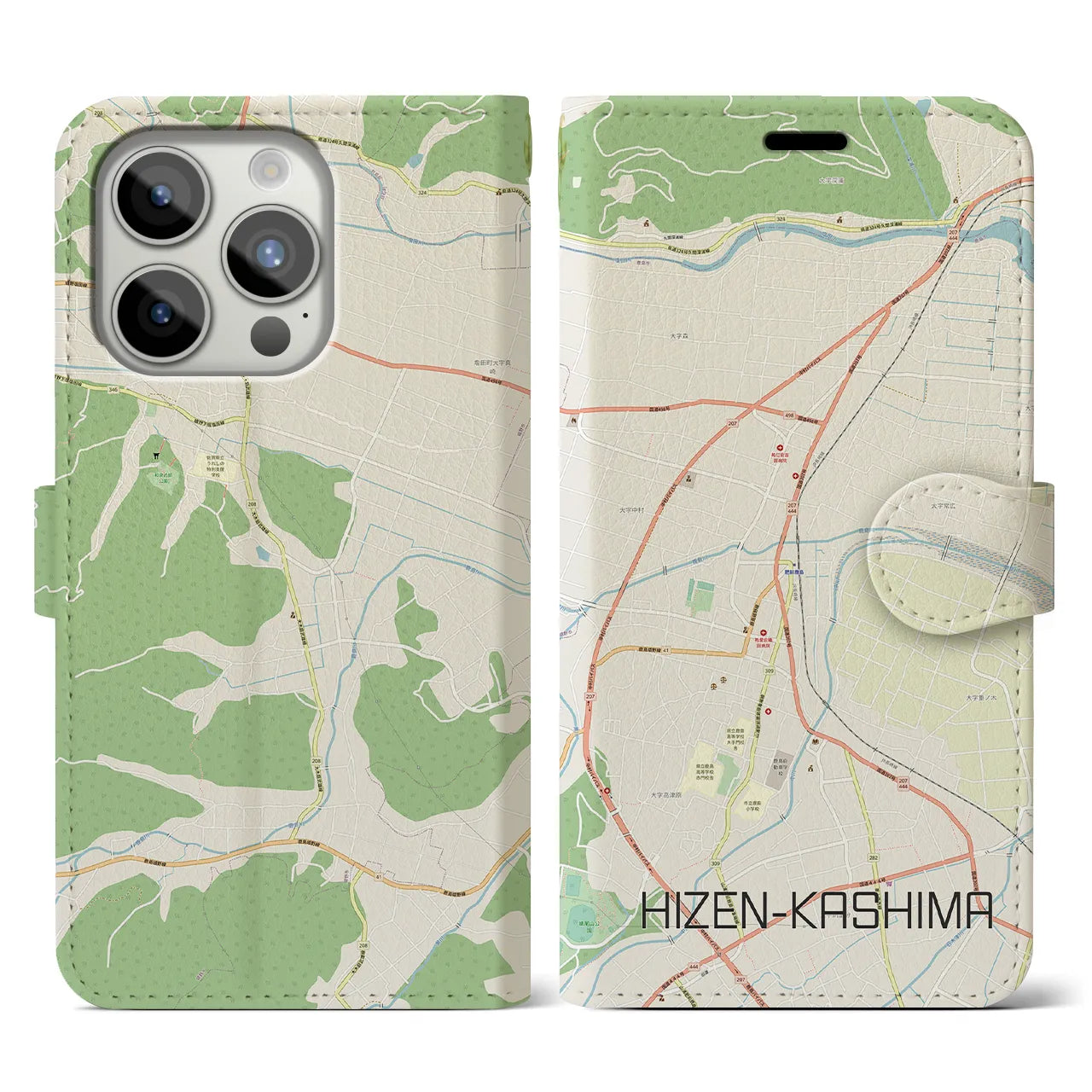 【肥前鹿島】地図柄iPhoneケース（手帳両面タイプ・ナチュラル）iPhone 15 Pro 用
