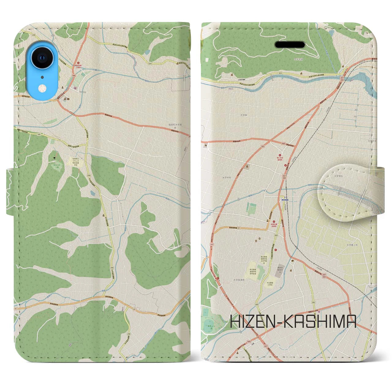 【肥前鹿島】地図柄iPhoneケース（手帳両面タイプ・ナチュラル）iPhone XR 用
