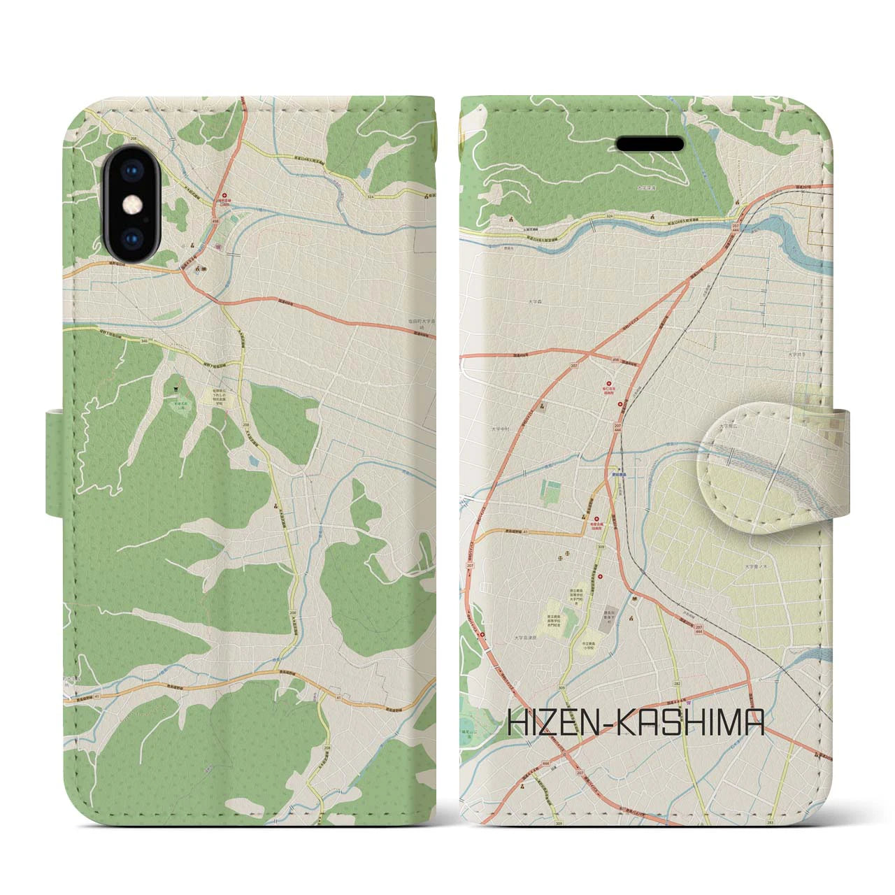 【肥前鹿島】地図柄iPhoneケース（手帳両面タイプ・ナチュラル）iPhone XS / X 用