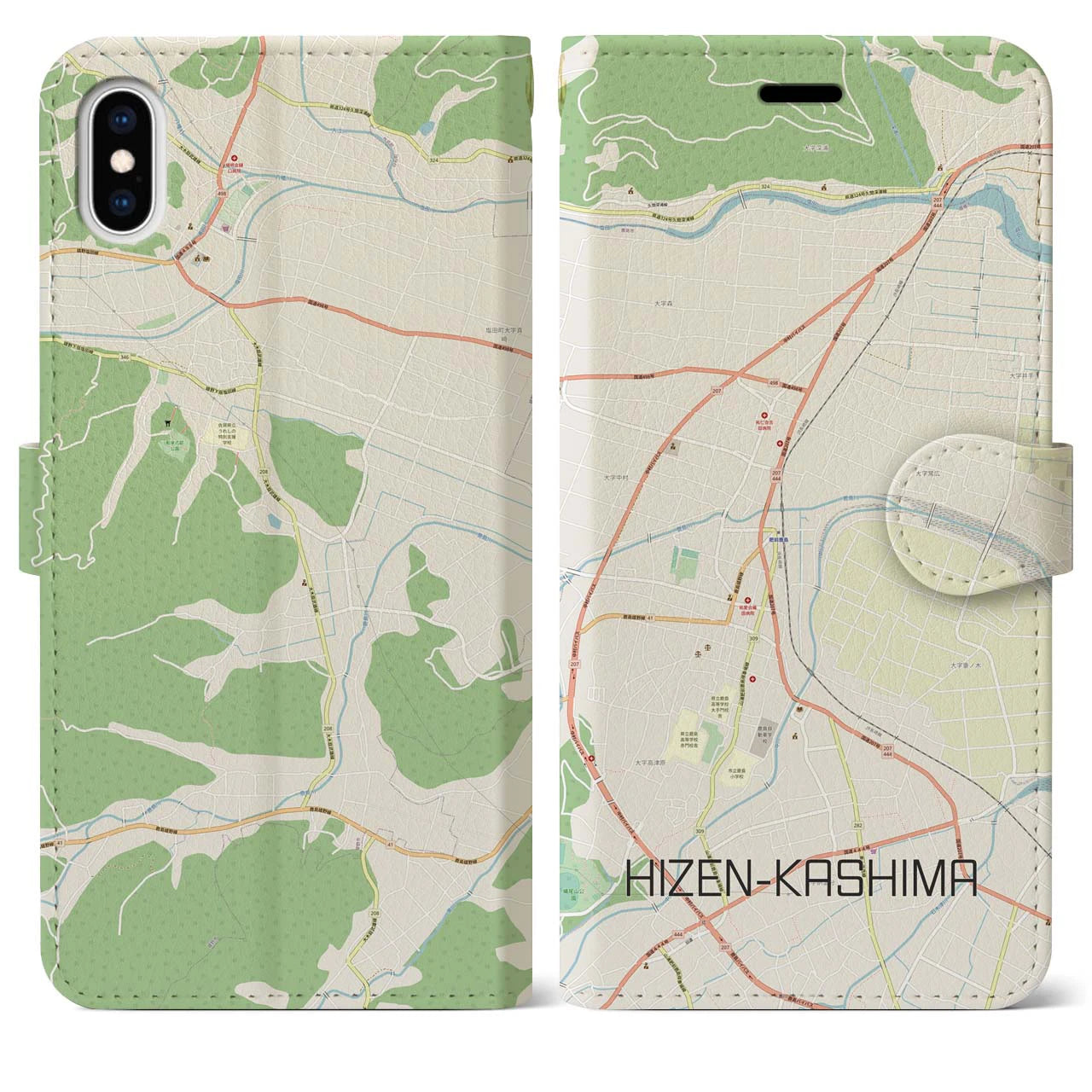 【肥前鹿島】地図柄iPhoneケース（手帳両面タイプ・ナチュラル）iPhone XS Max 用