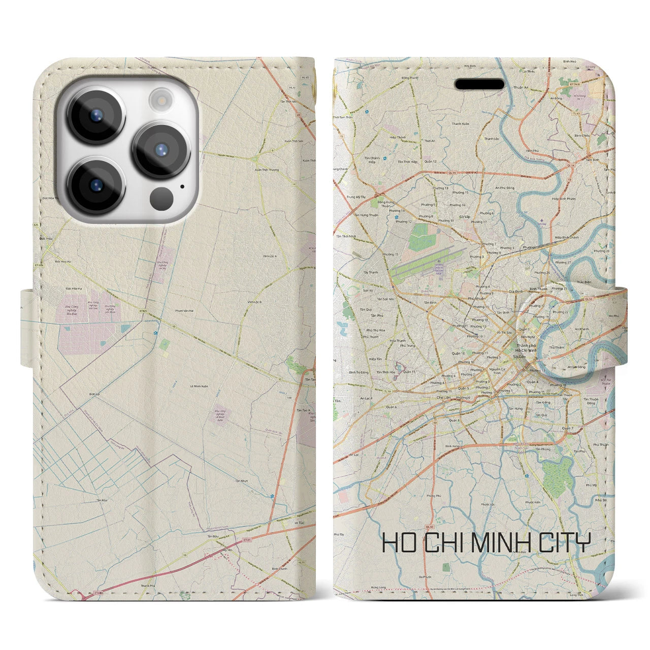 【ホーチミン】地図柄iPhoneケース（手帳両面タイプ・ナチュラル）iPhone 14 Pro 用