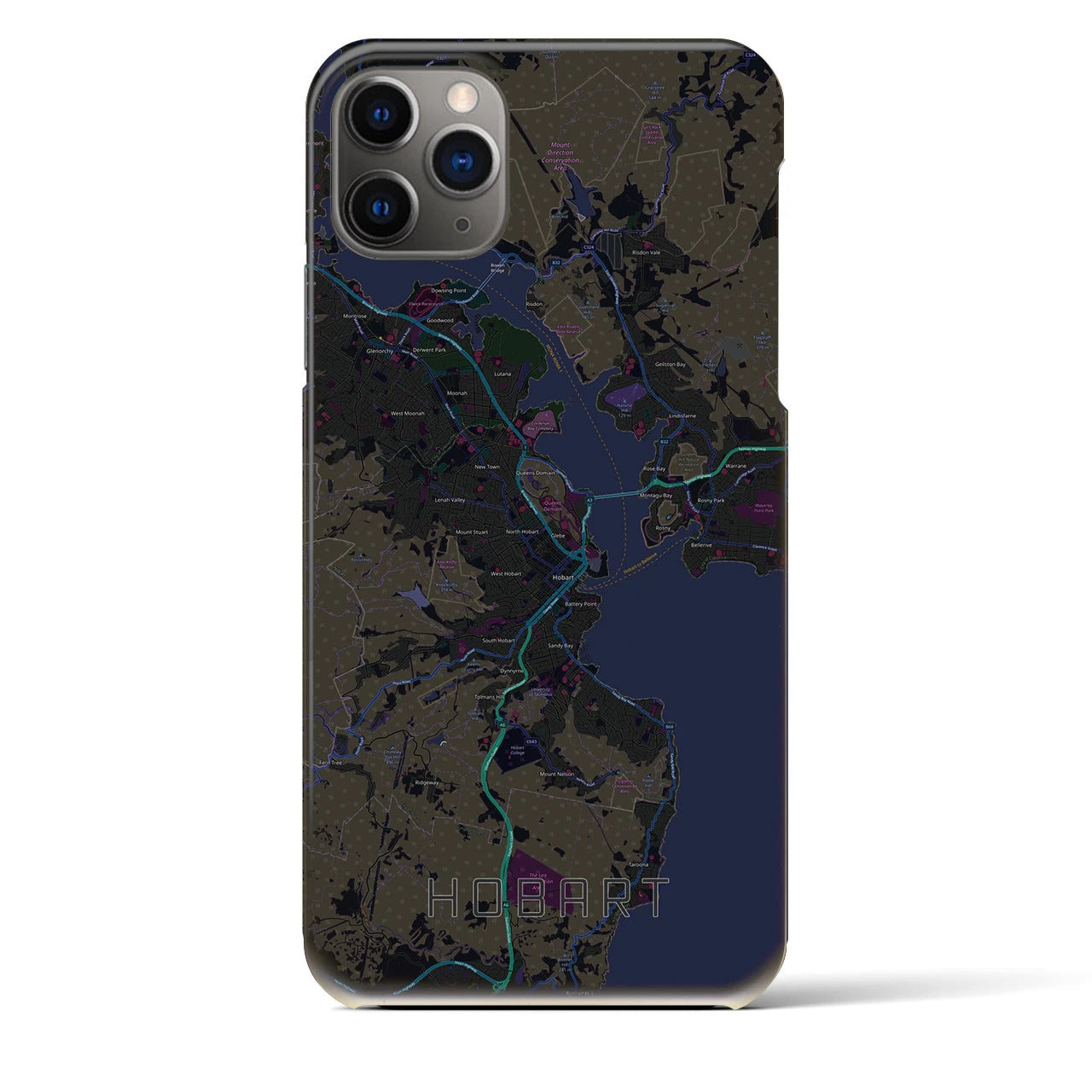【ホバート】地図柄iPhoneケース（バックカバータイプ・ブラック）iPhone 11 Pro Max 用