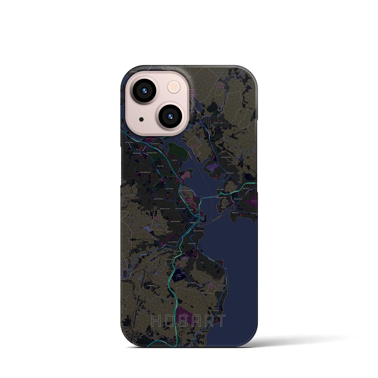 【ホバート】地図柄iPhoneケース（バックカバータイプ・ブラック）iPhone 13 mini 用