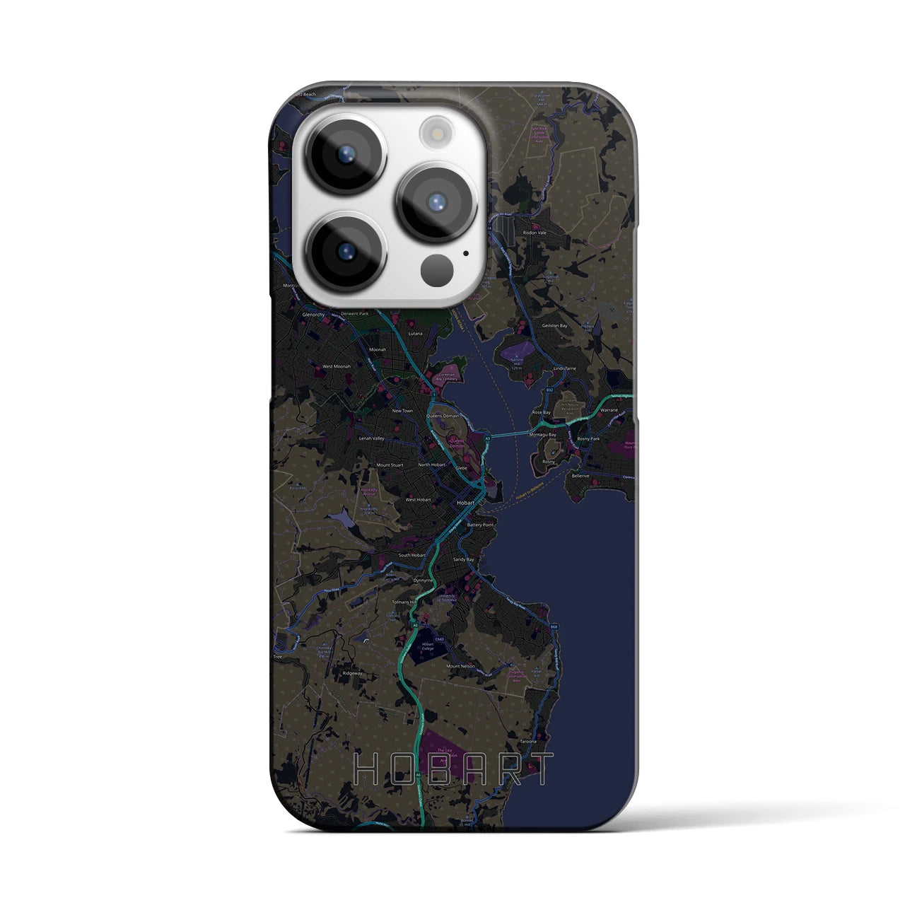 【ホバート】地図柄iPhoneケース（バックカバータイプ・ブラック）iPhone 14 Pro 用