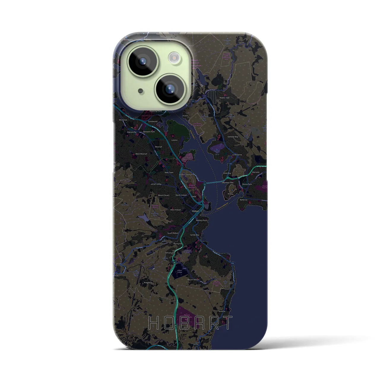 【ホバート】地図柄iPhoneケース（バックカバータイプ・ブラック）iPhone 15 用