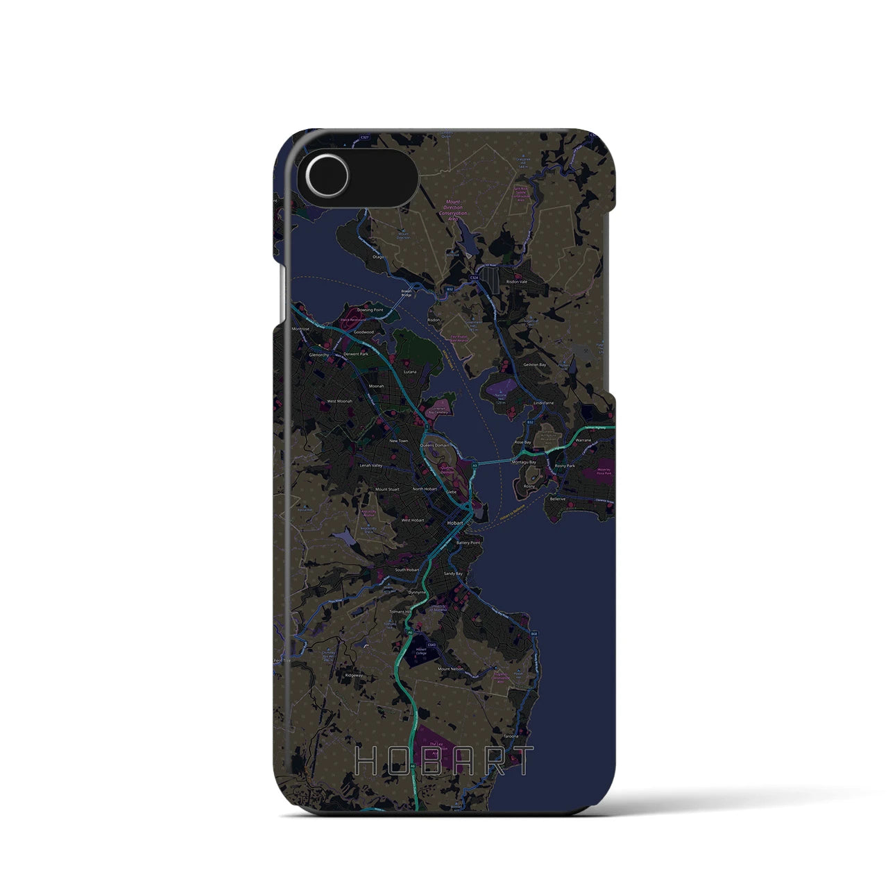 【ホバート】地図柄iPhoneケース（バックカバータイプ・ブラック）iPhone SE（第3 / 第2世代） / 8 / 7 / 6s / 6 用