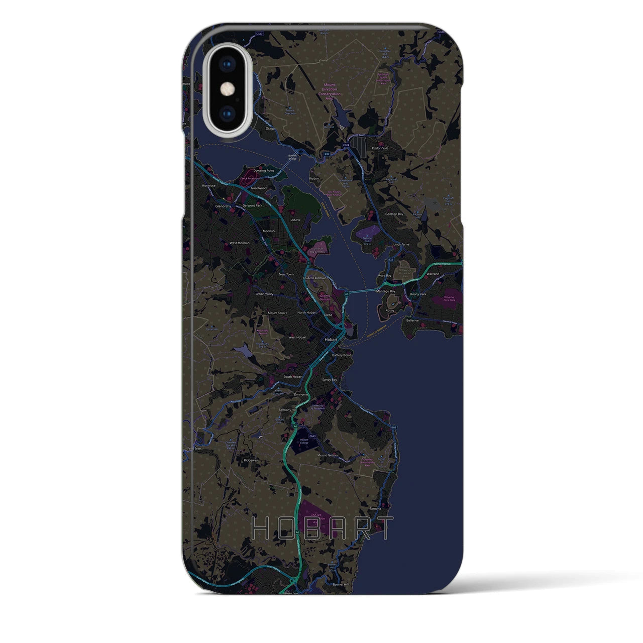 【ホバート】地図柄iPhoneケース（バックカバータイプ・ブラック）iPhone XS Max 用