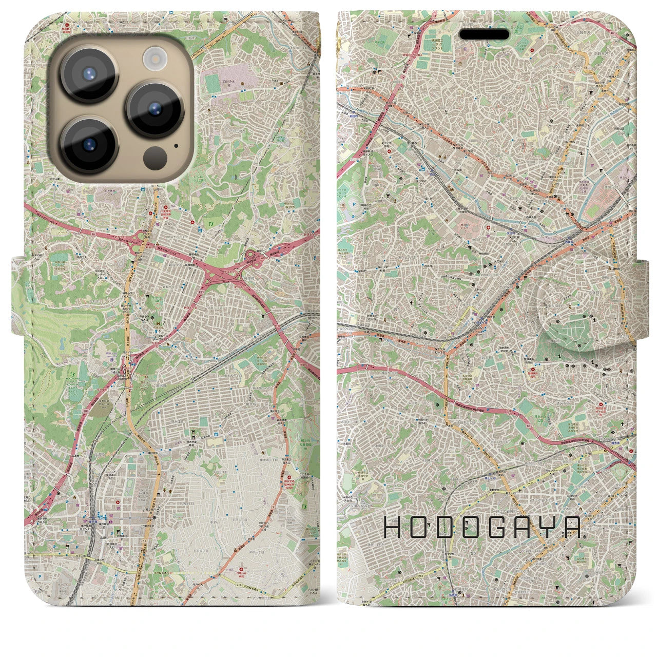 【保土ケ谷】地図柄iPhoneケース（手帳両面タイプ・ナチュラル）iPhone 14 Pro Max 用