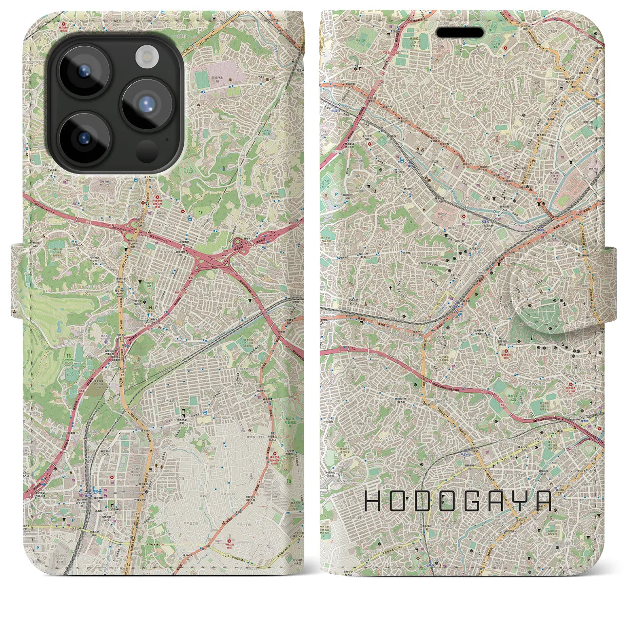 【保土ケ谷】地図柄iPhoneケース（手帳両面タイプ・ナチュラル）iPhone 15 Pro Max 用