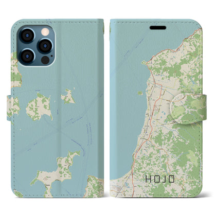 【北条（愛媛県）】地図柄iPhoneケース（手帳タイプ）ナチュラル・iPhone 12 / 12 Pro 用