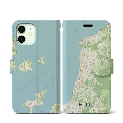【北条（愛媛県）】地図柄iPhoneケース（手帳タイプ）ナチュラル・iPhone 12 mini 用
