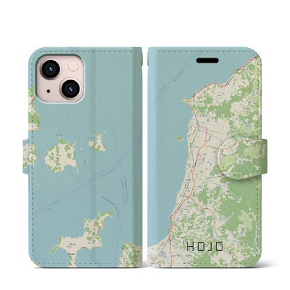 【北条（愛媛県）】地図柄iPhoneケース（手帳タイプ）ナチュラル・iPhone 13 mini 用