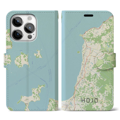 【北条（愛媛県）】地図柄iPhoneケース（手帳タイプ）ナチュラル・iPhone 14 Pro 用