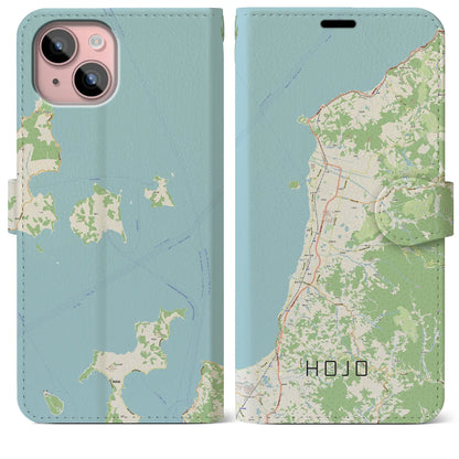 【北条（愛媛県）】地図柄iPhoneケース（手帳タイプ）ナチュラル・iPhone 15 Plus 用