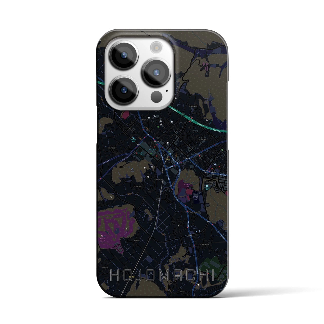 【北条町】地図柄iPhoneケース（バックカバータイプ・ブラック）iPhone 14 Pro 用