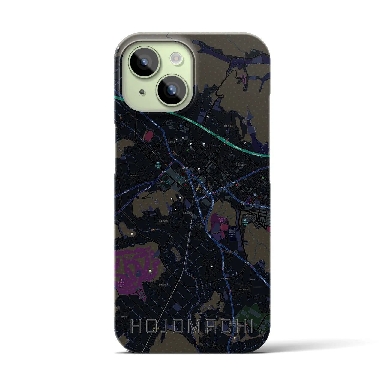 【北条町】地図柄iPhoneケース（バックカバータイプ・ブラック）iPhone 15 用