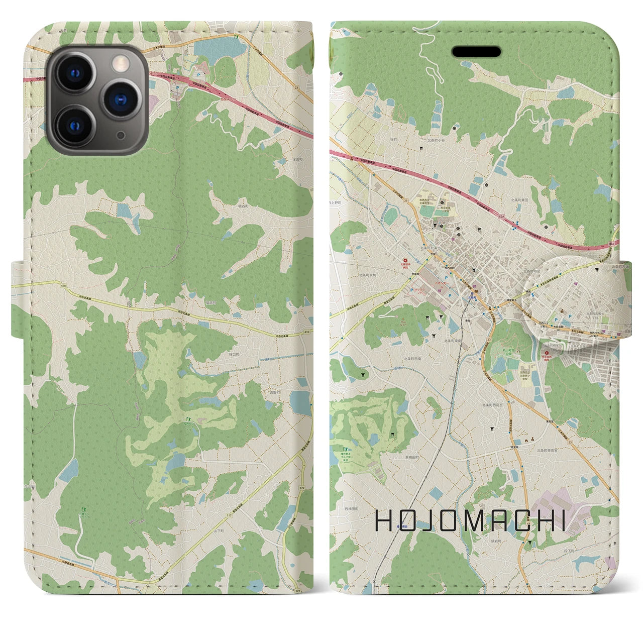 【北条町】地図柄iPhoneケース（手帳両面タイプ・ナチュラル）iPhone 11 Pro Max 用