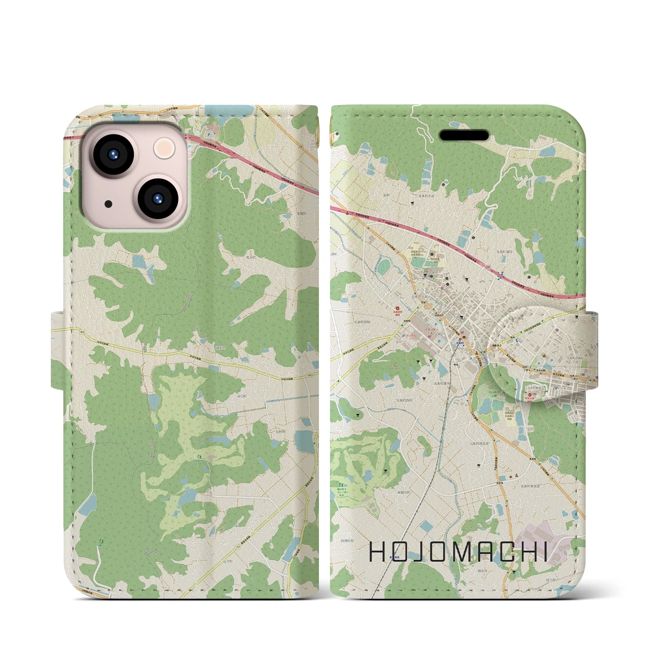 【北条町】地図柄iPhoneケース（手帳両面タイプ・ナチュラル）iPhone 13 mini 用