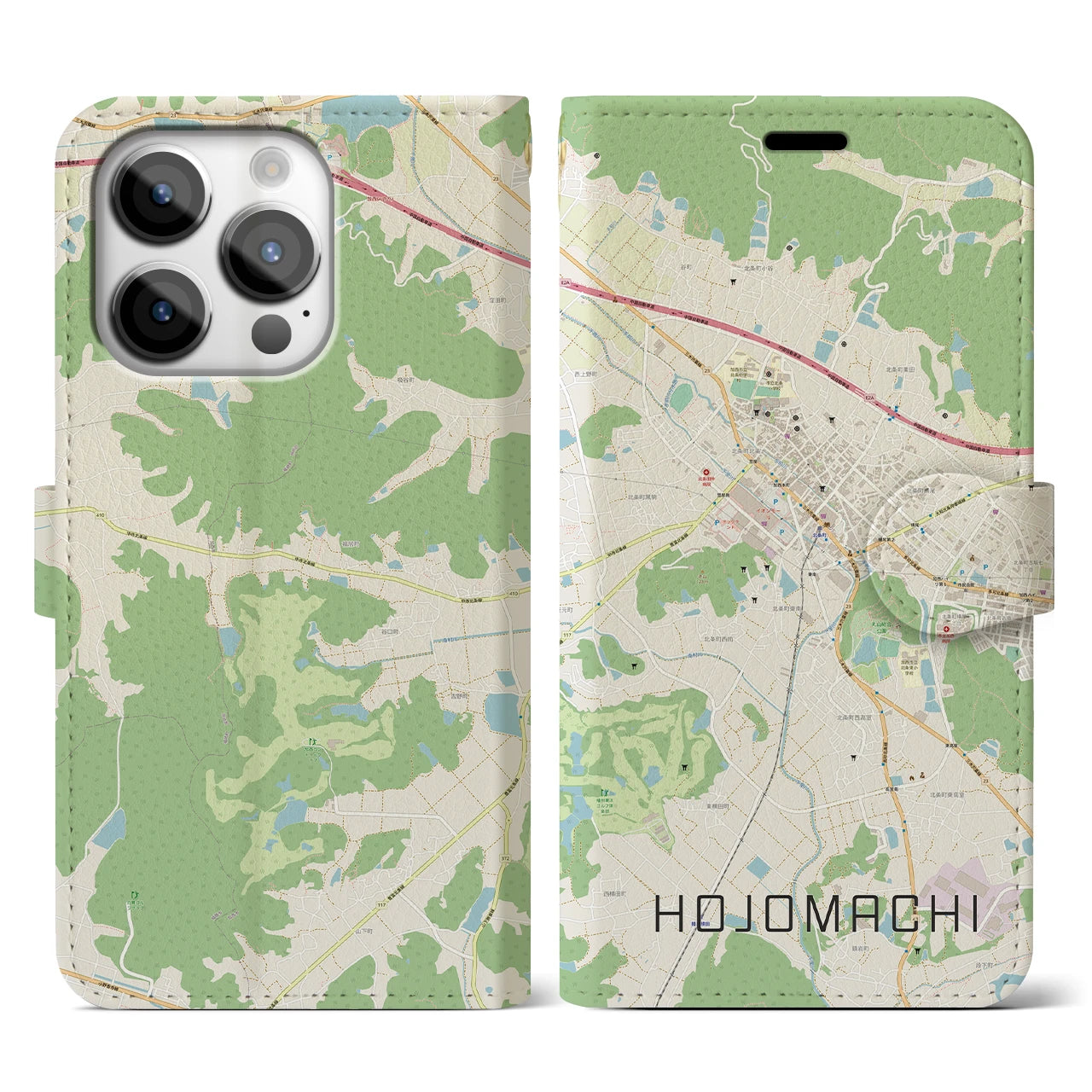 【北条町】地図柄iPhoneケース（手帳両面タイプ・ナチュラル）iPhone 14 Pro 用