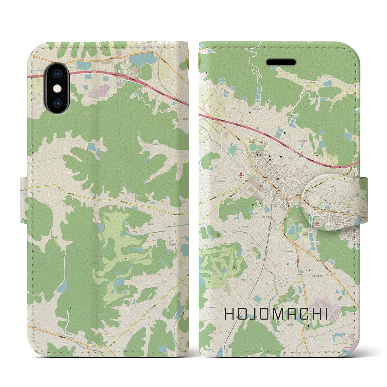 【北条町】地図柄iPhoneケース（手帳両面タイプ・ナチュラル）iPhone XS / X 用