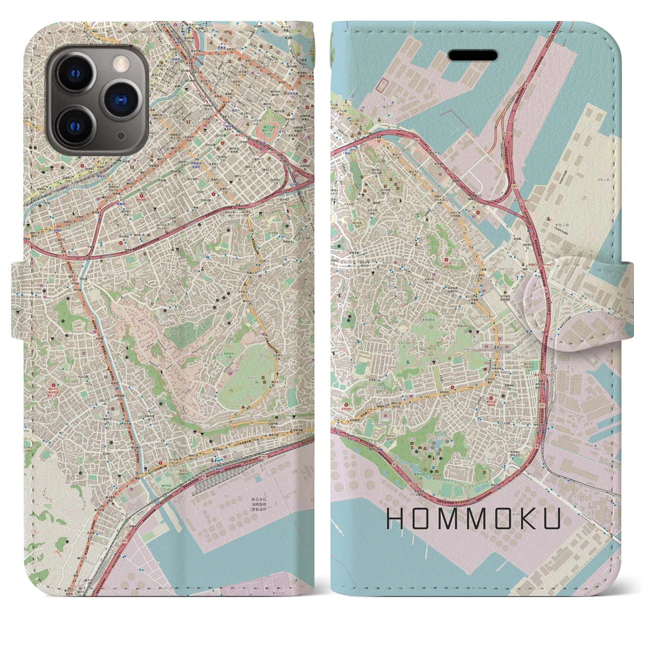 【本牧】地図柄iPhoneケース（手帳両面タイプ・ナチュラル）iPhone 11 Pro Max 用