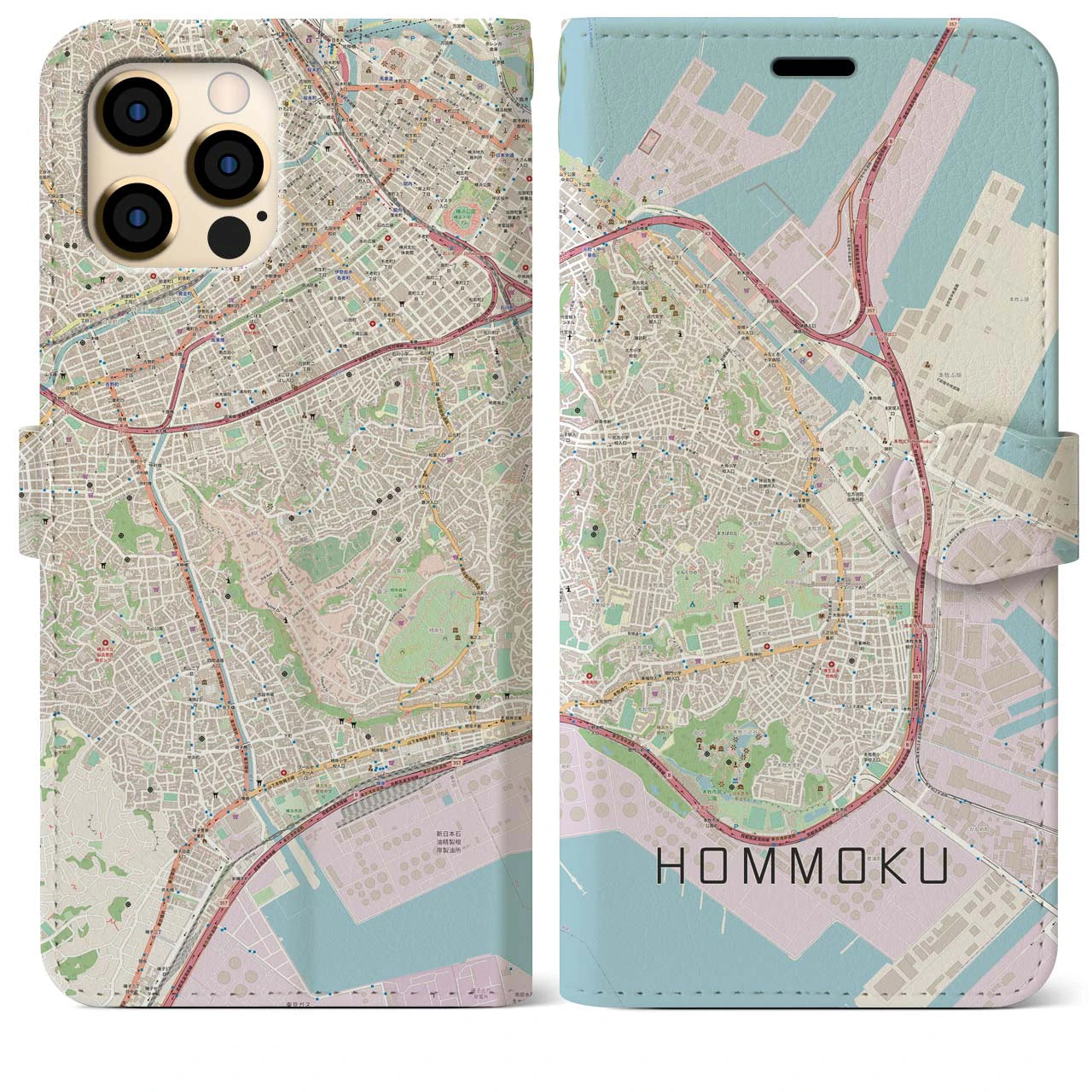 【本牧】地図柄iPhoneケース（手帳両面タイプ・ナチュラル）iPhone 12 Pro Max 用