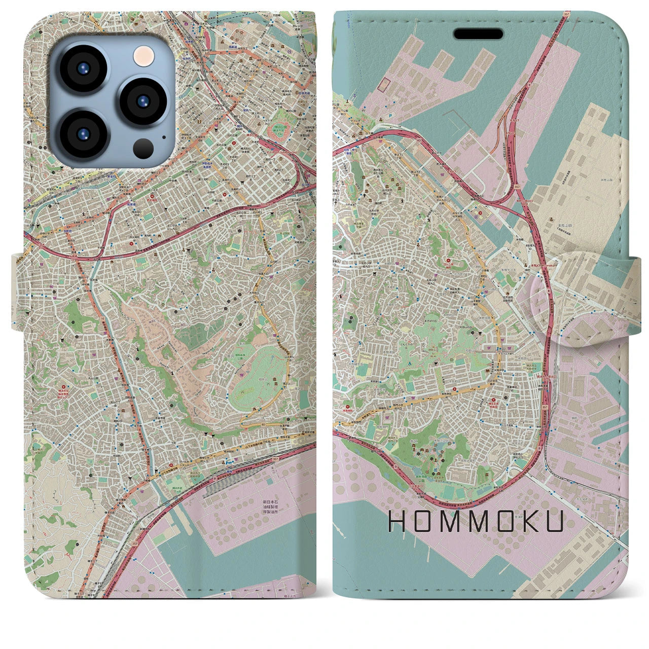 【本牧】地図柄iPhoneケース（手帳両面タイプ・ナチュラル）iPhone 13 Pro Max 用
