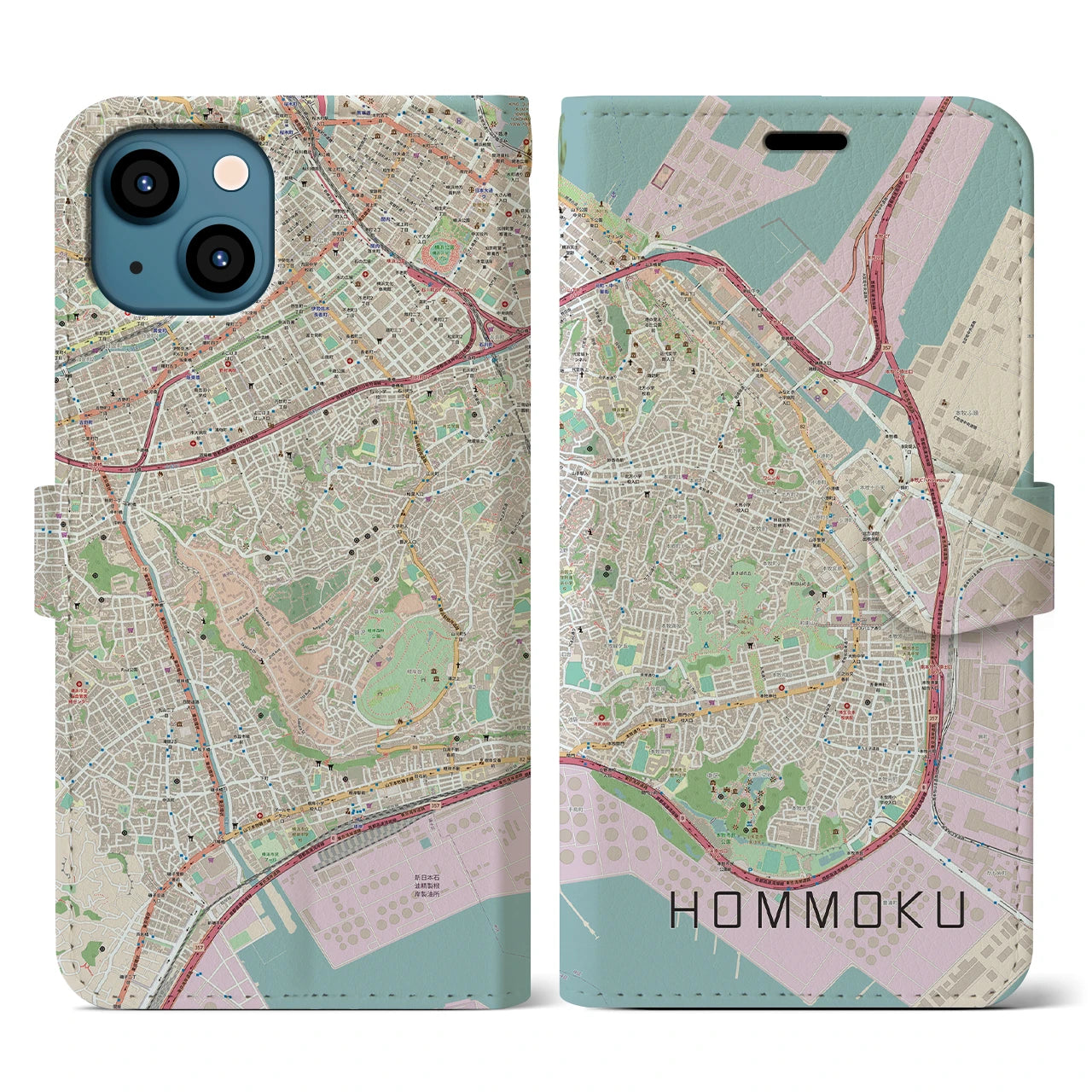 【本牧】地図柄iPhoneケース（手帳両面タイプ・ナチュラル）iPhone 13 用