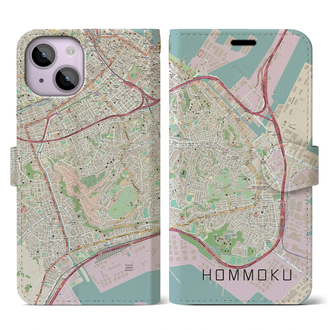 【本牧】地図柄iPhoneケース（手帳両面タイプ・ナチュラル）iPhone 14 用