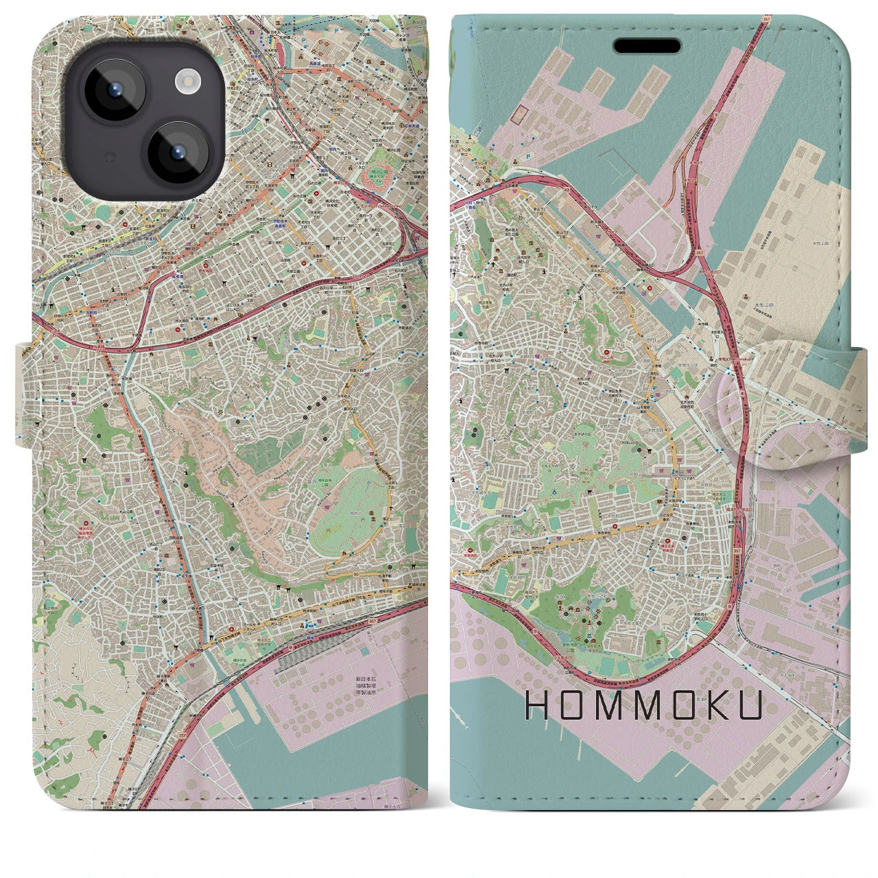 【本牧】地図柄iPhoneケース（手帳両面タイプ・ナチュラル）iPhone 14 Plus 用