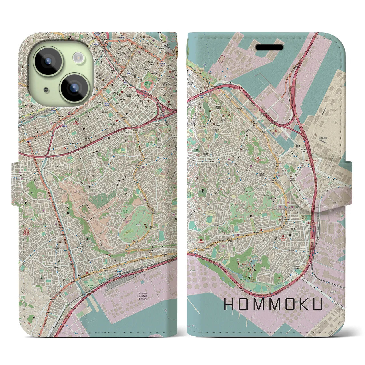 【本牧】地図柄iPhoneケース（手帳両面タイプ・ナチュラル）iPhone 15 用