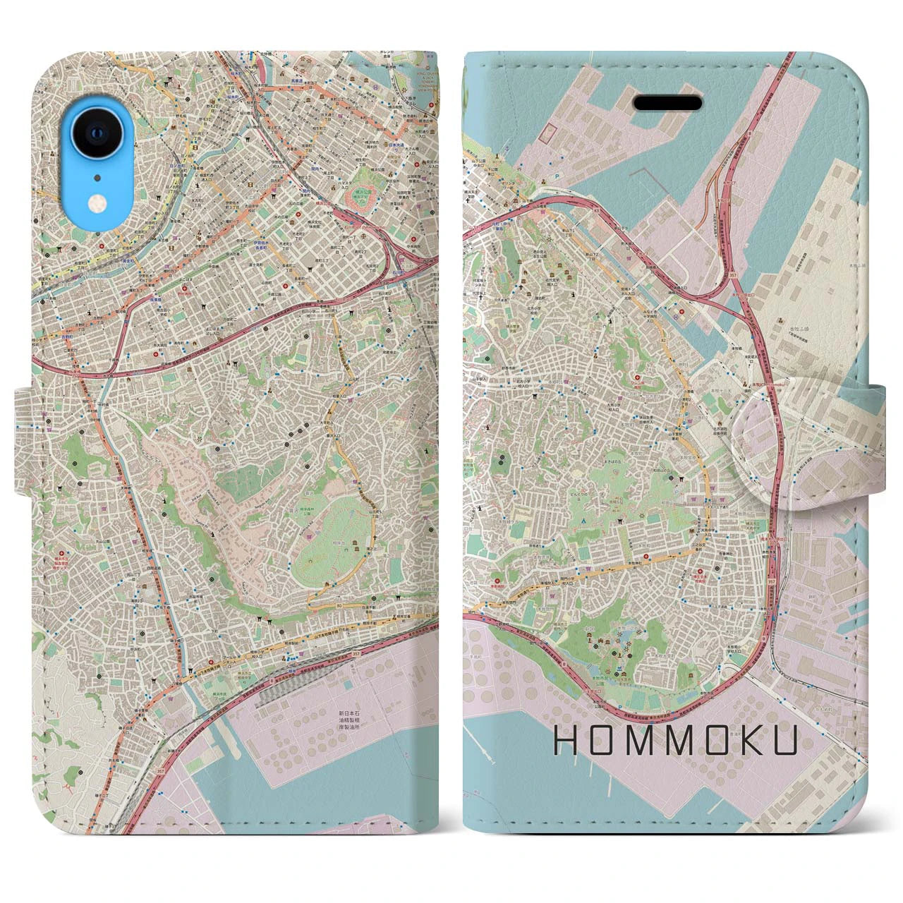 【本牧】地図柄iPhoneケース（手帳両面タイプ・ナチュラル）iPhone XR 用