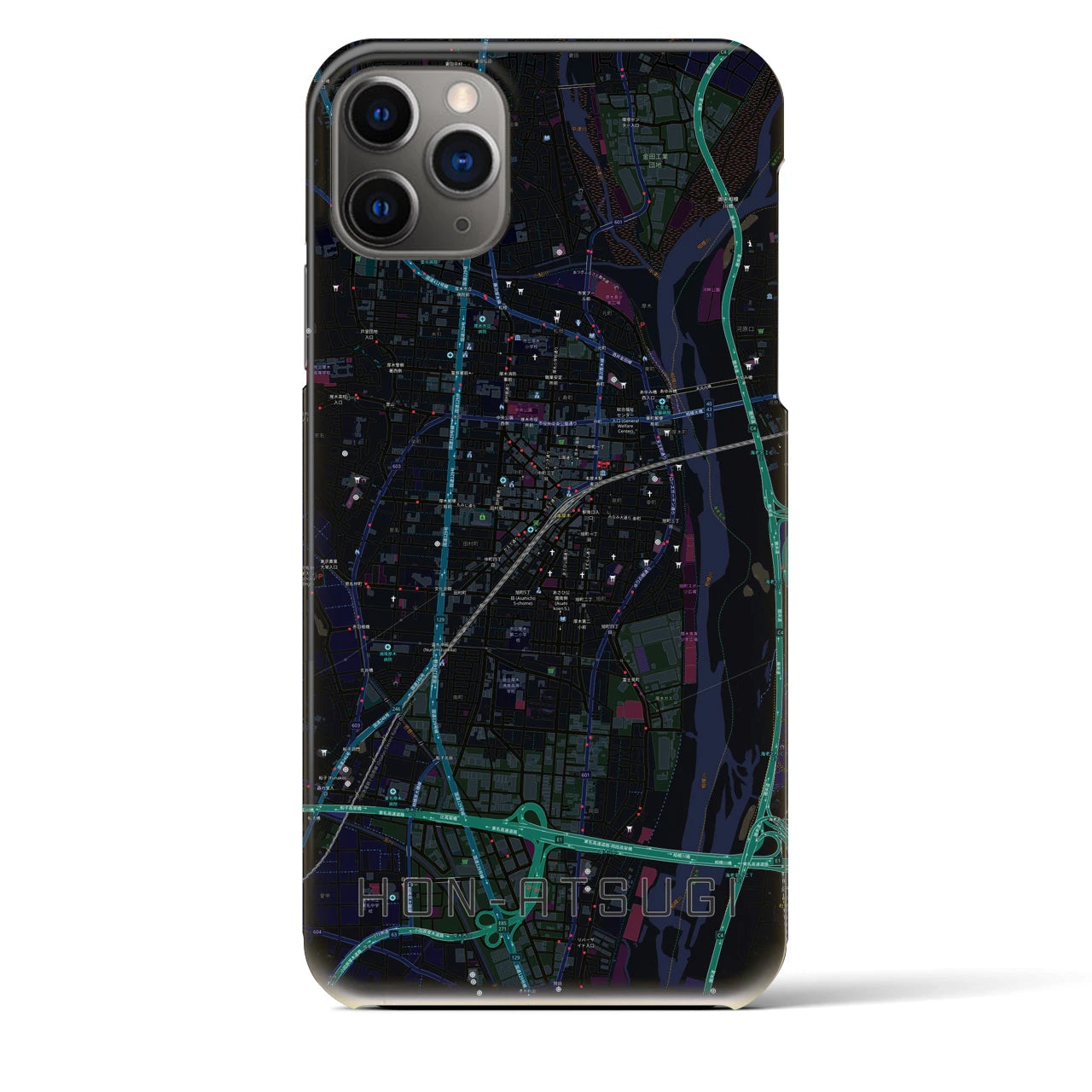 【本厚木】地図柄iPhoneケース（バックカバータイプ・ブラック）iPhone 11 Pro Max 用