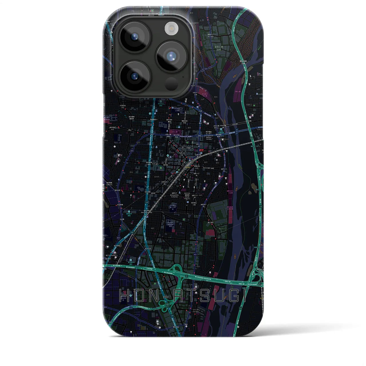 【本厚木】地図柄iPhoneケース（バックカバータイプ・ブラック）iPhone 15 Pro Max 用