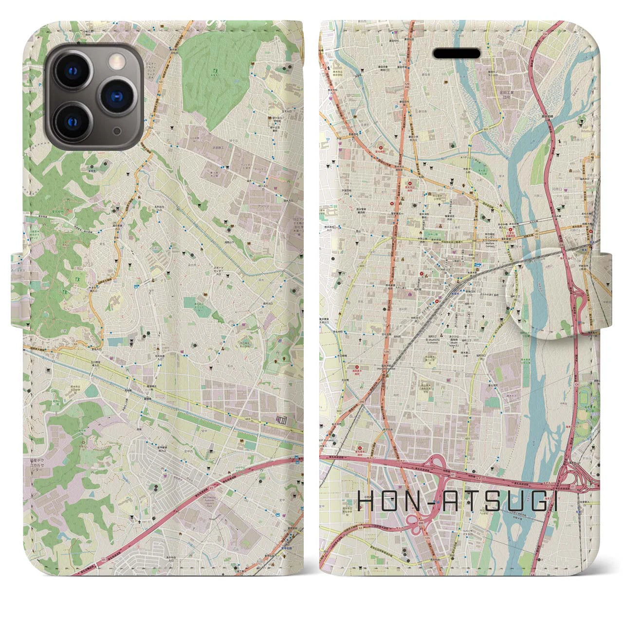 【本厚木】地図柄iPhoneケース（手帳両面タイプ・ナチュラル）iPhone 11 Pro Max 用