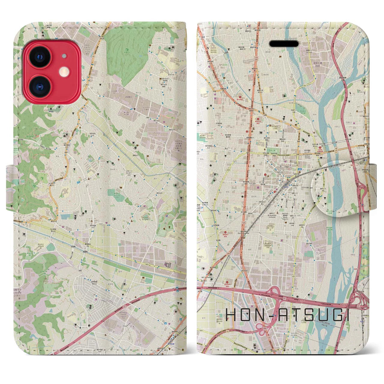 【本厚木】地図柄iPhoneケース（手帳両面タイプ・ナチュラル）iPhone 11 用