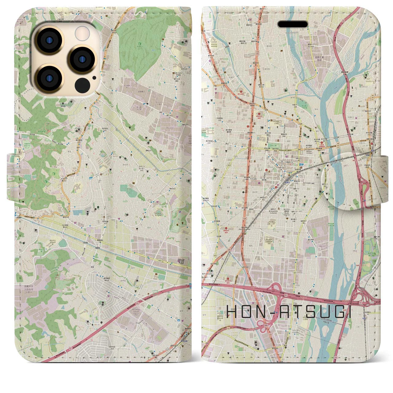 【本厚木】地図柄iPhoneケース（手帳両面タイプ・ナチュラル）iPhone 12 Pro Max 用