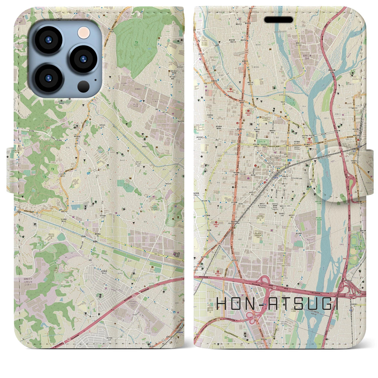 【本厚木】地図柄iPhoneケース（手帳両面タイプ・ナチュラル）iPhone 13 Pro Max 用