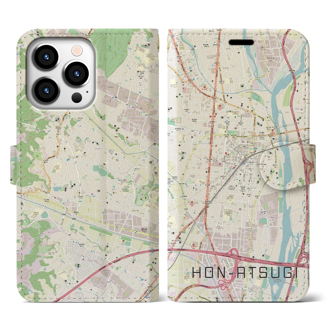 【本厚木】地図柄iPhoneケース（手帳両面タイプ・ナチュラル）iPhone 13 Pro 用