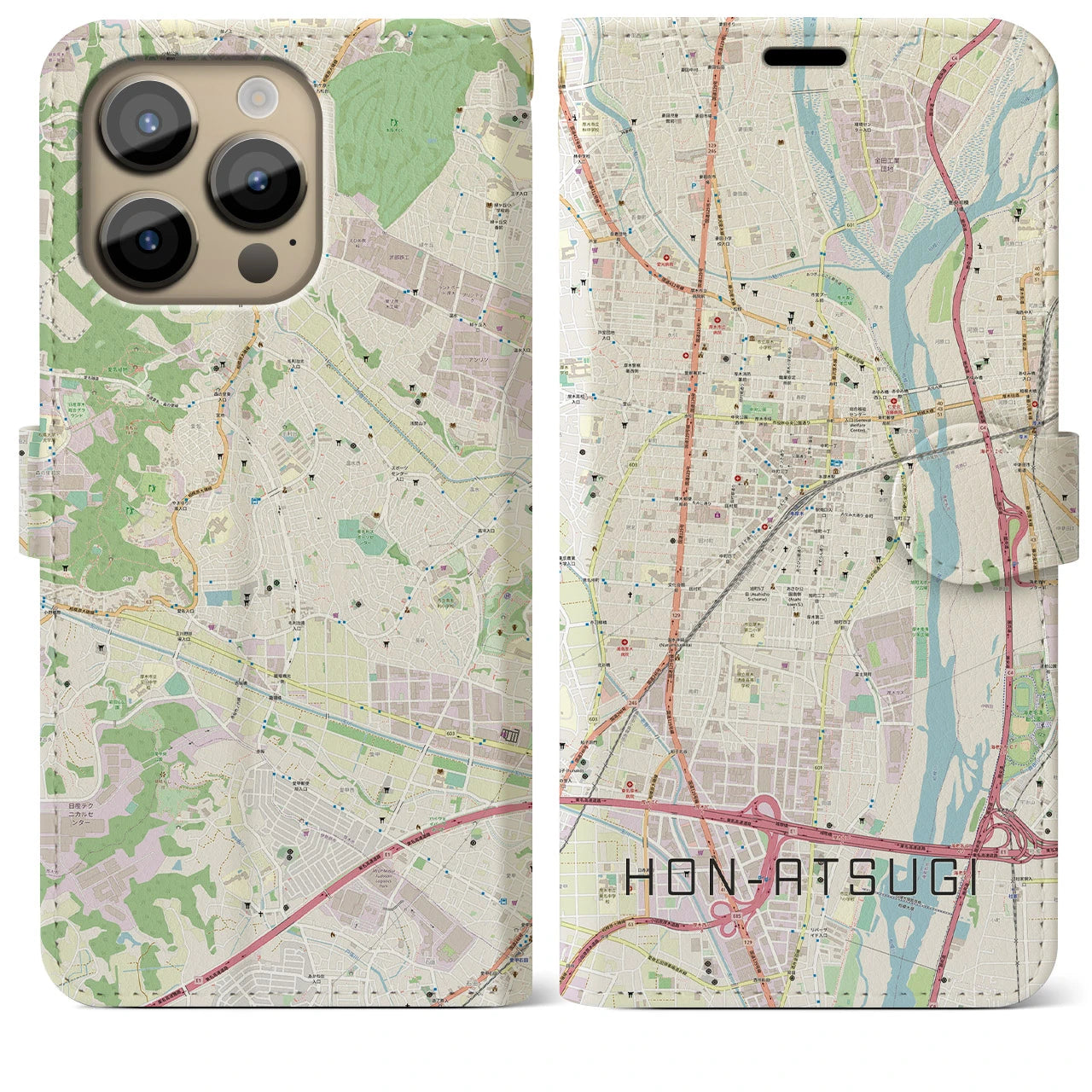 【本厚木】地図柄iPhoneケース（手帳両面タイプ・ナチュラル）iPhone 14 Pro Max 用