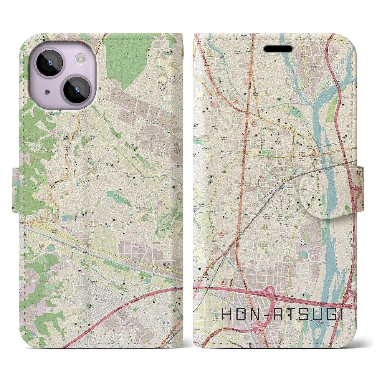 【本厚木】地図柄iPhoneケース（手帳両面タイプ・ナチュラル）iPhone 14 用