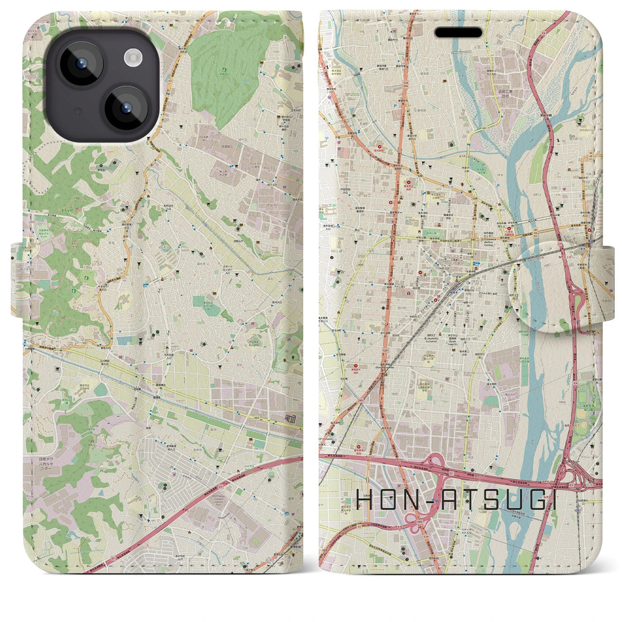 【本厚木】地図柄iPhoneケース（手帳両面タイプ・ナチュラル）iPhone 14 Plus 用