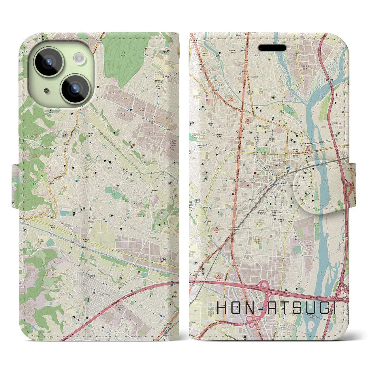 【本厚木】地図柄iPhoneケース（手帳両面タイプ・ナチュラル）iPhone 15 用