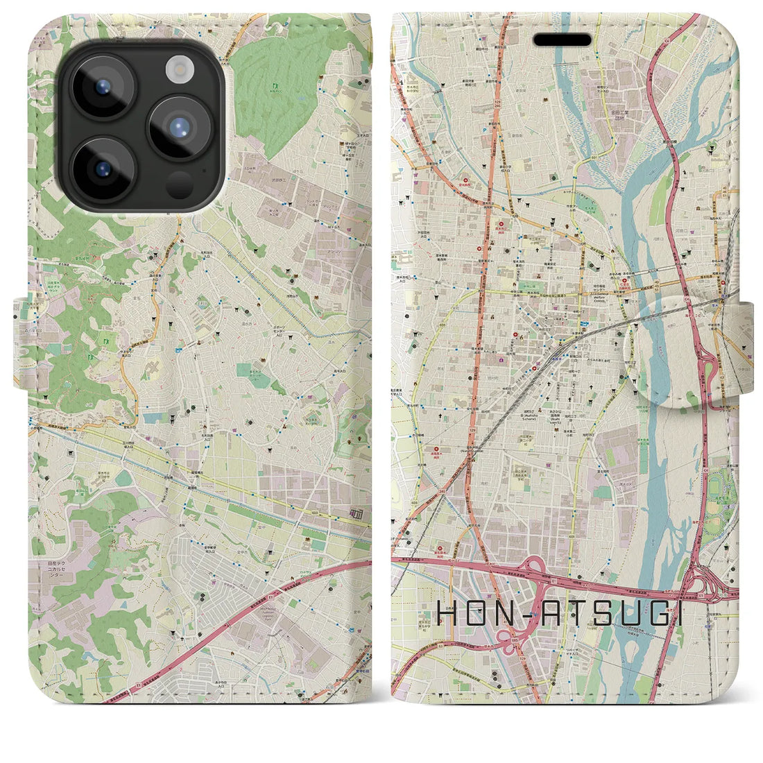 【本厚木】地図柄iPhoneケース（手帳両面タイプ・ナチュラル）iPhone 15 Pro Max 用