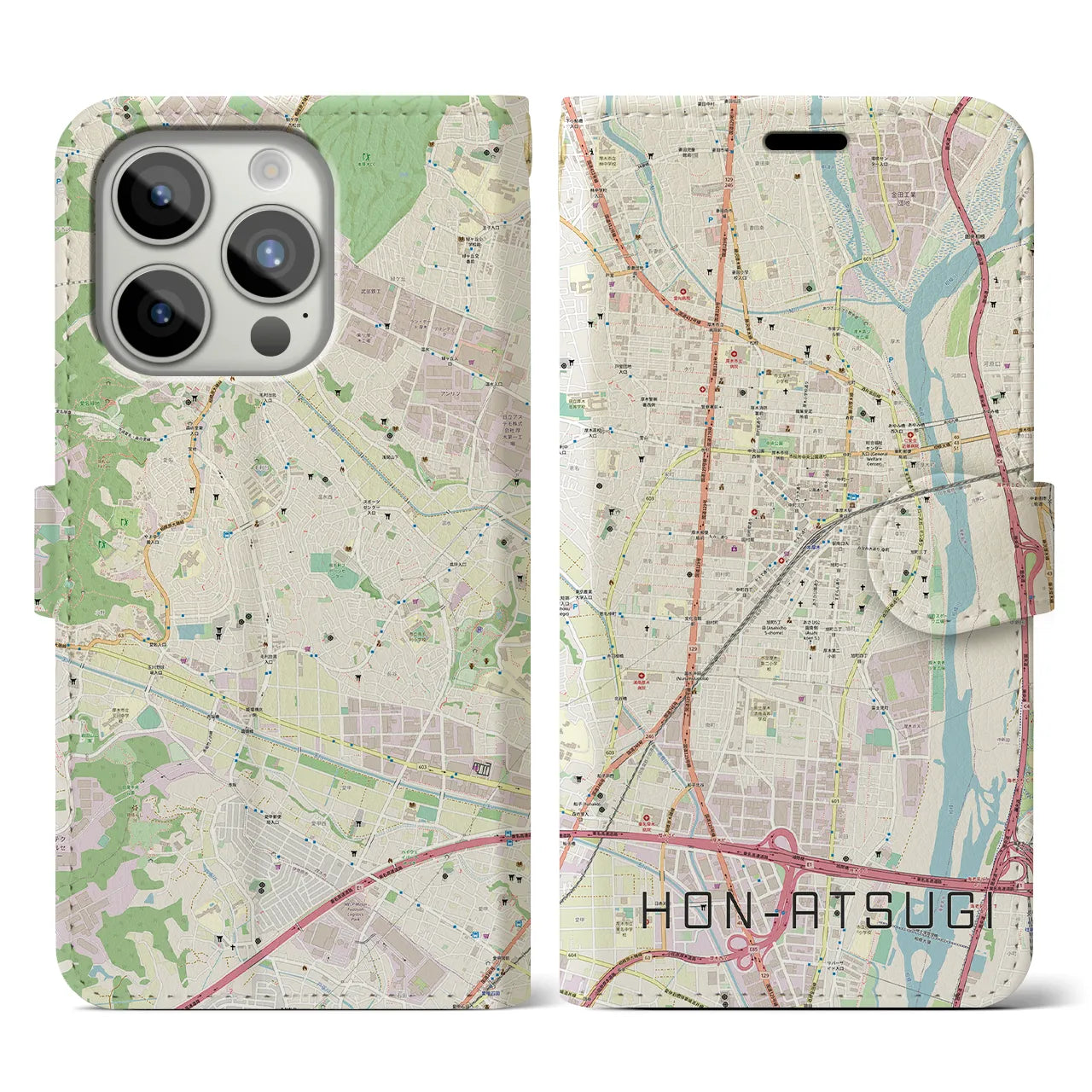 【本厚木】地図柄iPhoneケース（手帳両面タイプ・ナチュラル）iPhone 15 Pro 用