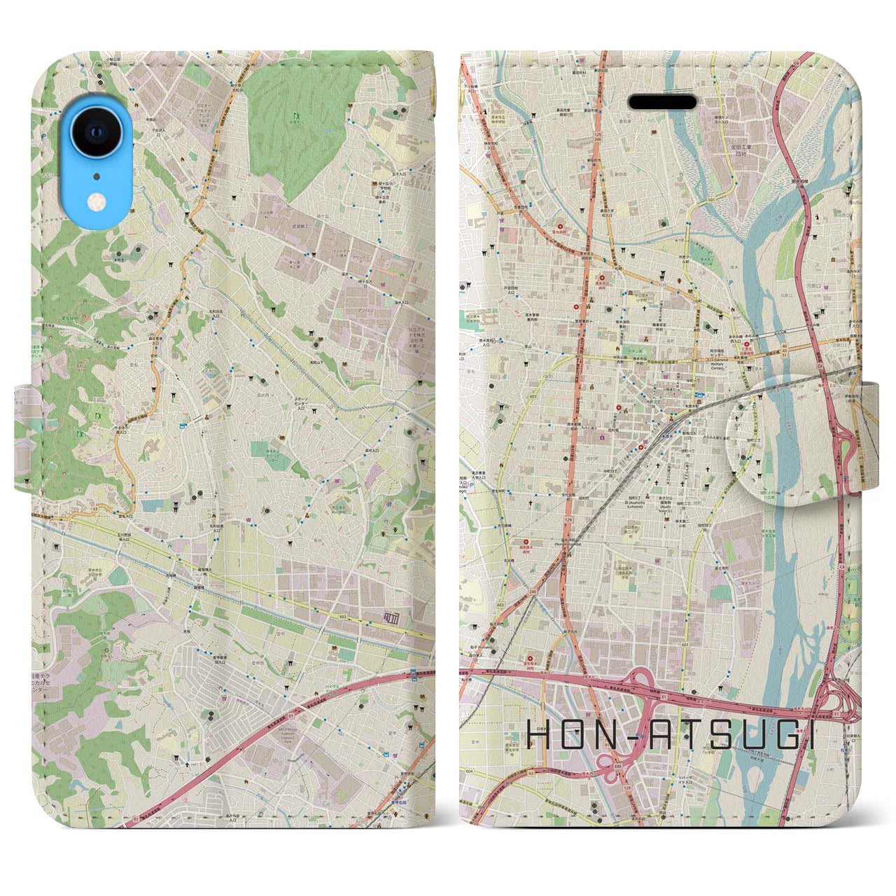 【本厚木】地図柄iPhoneケース（手帳両面タイプ・ナチュラル）iPhone XR 用
