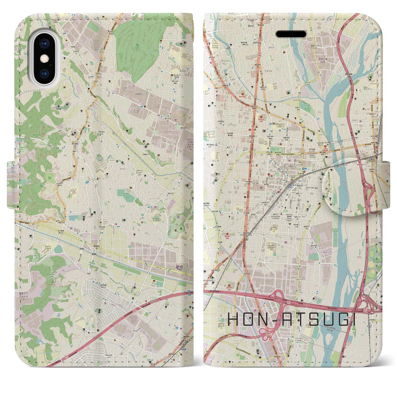 【本厚木】地図柄iPhoneケース（手帳両面タイプ・ナチュラル）iPhone XS Max 用