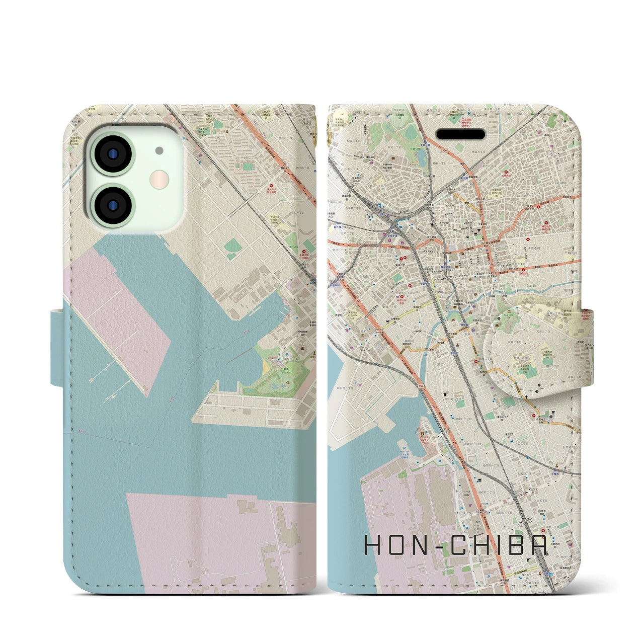 【本千葉】地図柄iPhoneケース（手帳両面タイプ・ナチュラル）iPhone 12 mini 用